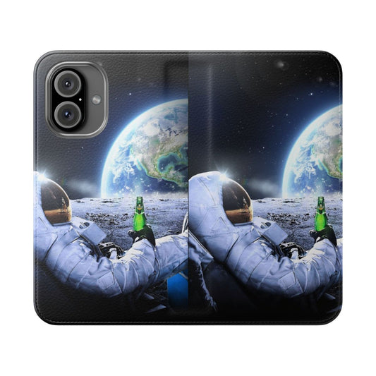 Flip phone case featuring a collage design with an astronaut and beer on the moon.