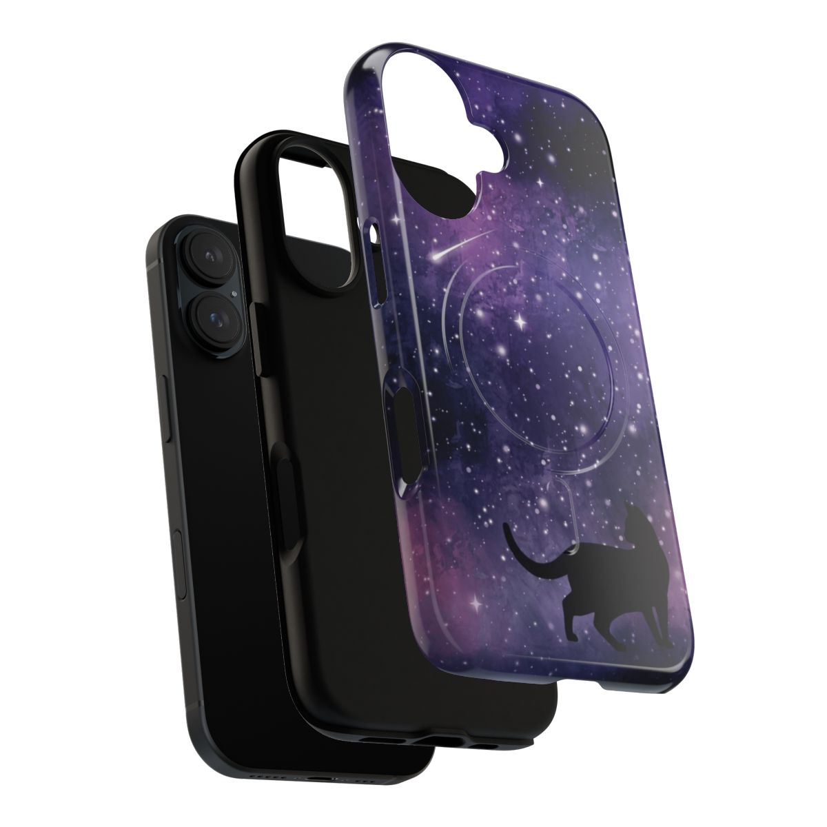 Black cat against a starry galaxy background on a phone case - Layers