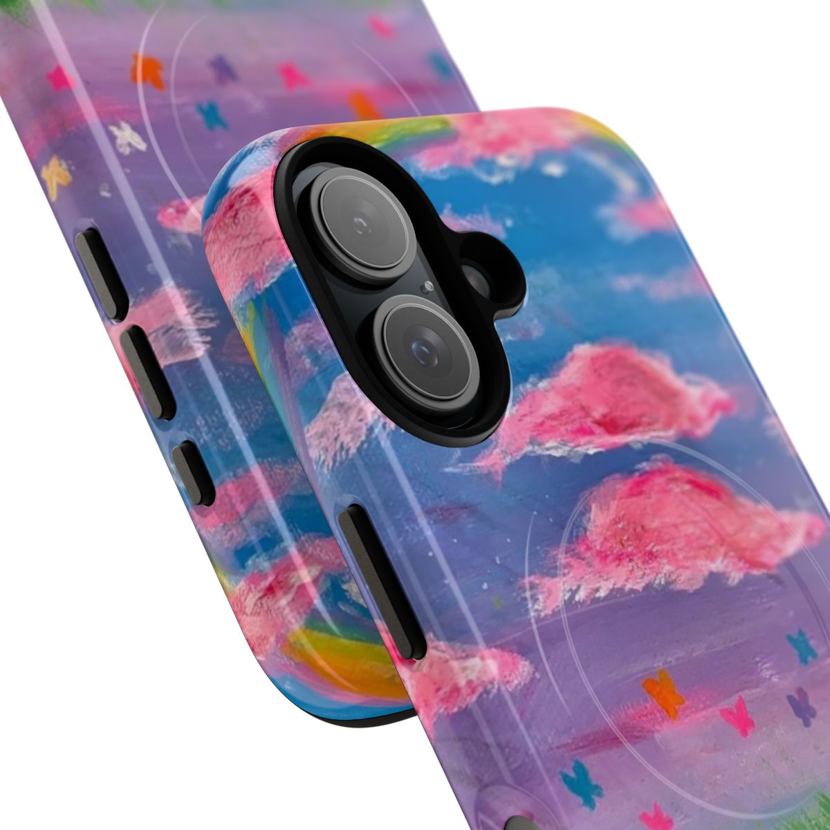 Vibrant rainbow-colored phone case with an illustration of Kermit the Frog, the popular Muppet character. - Detail