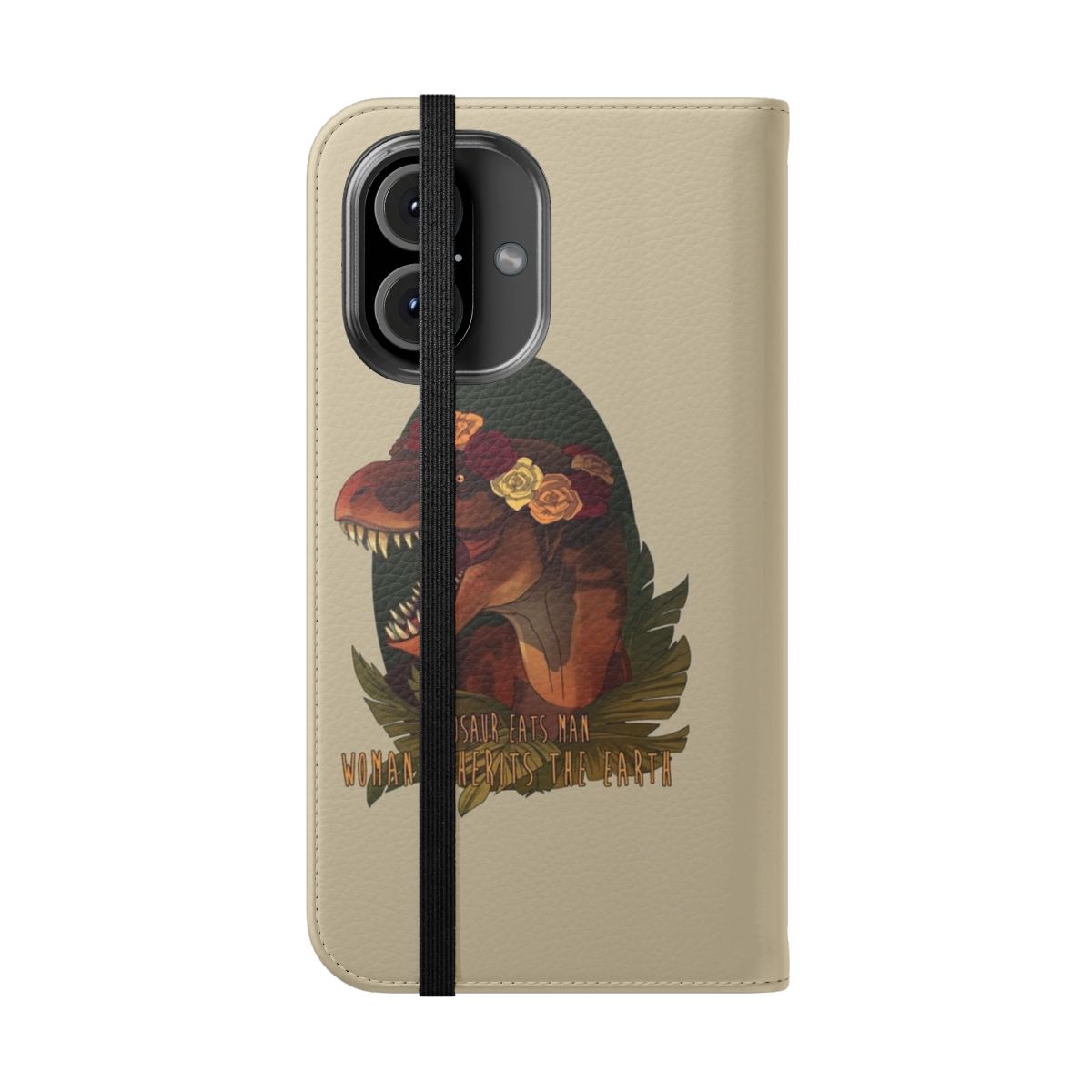 Stylized dinosaur phone case with flower crown design - Folded Front