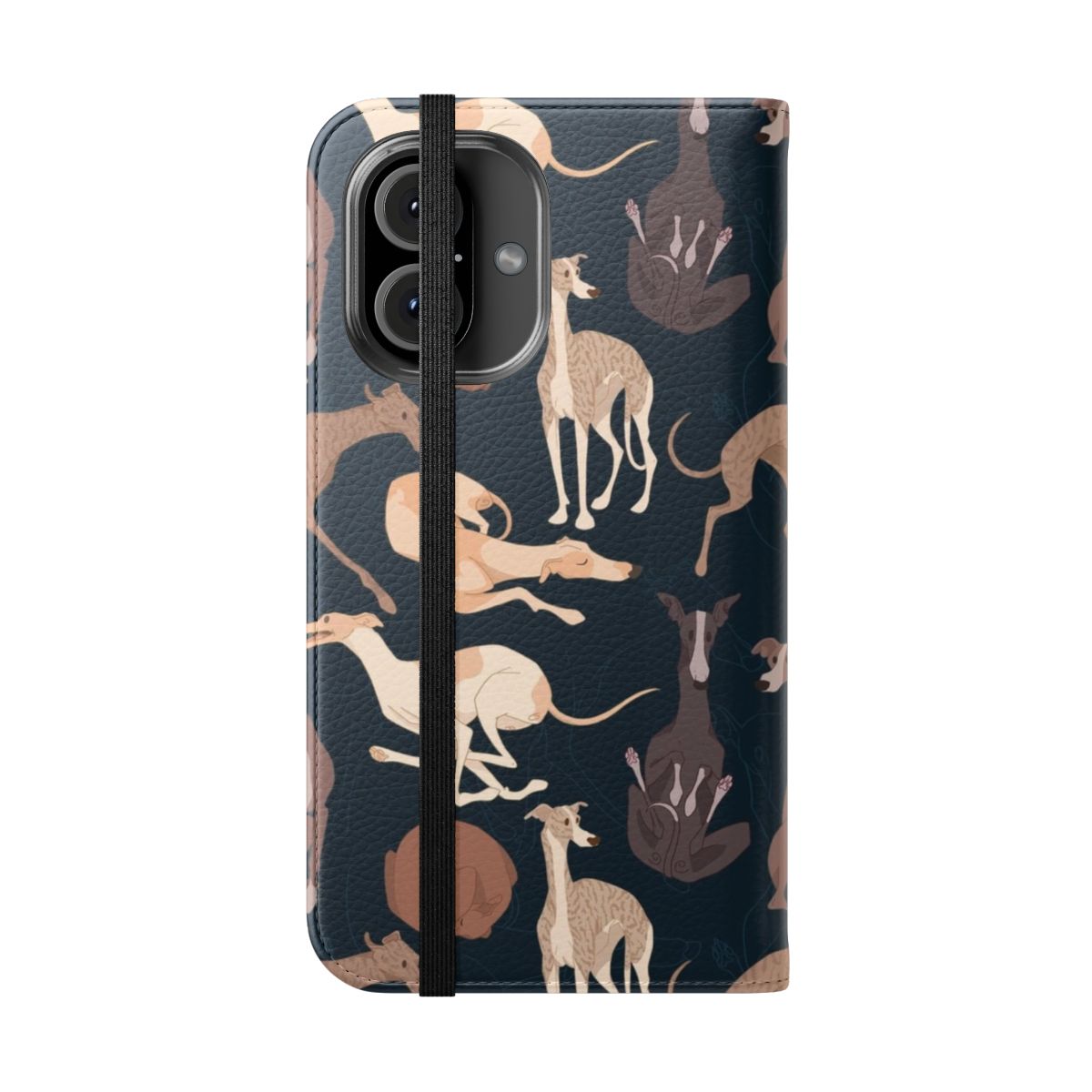 A flip phone case featuring a whippet dog pattern in a half drop design. - Folded Front