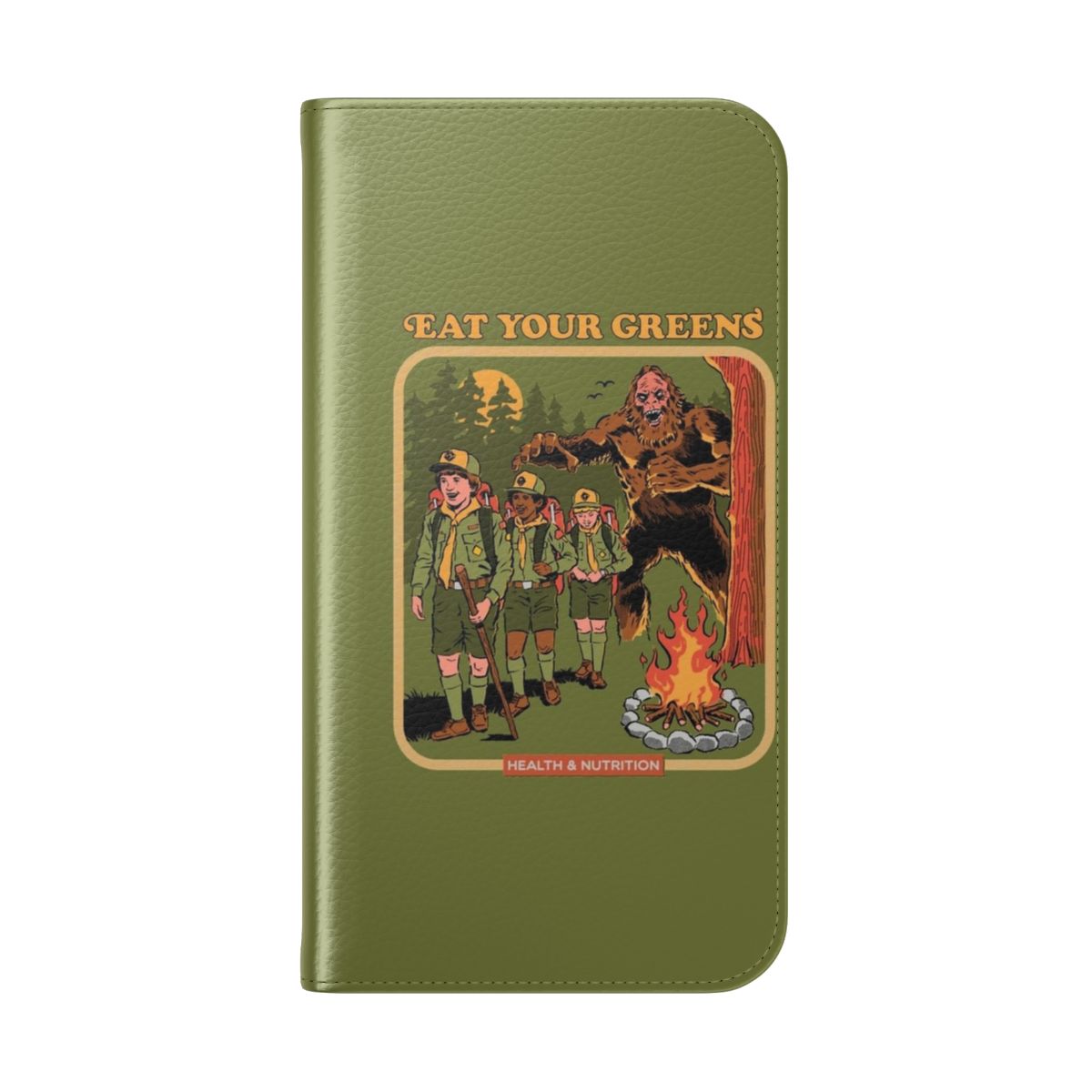 Flip phone case featuring a vintage Bigfoot camping scene with nature elements. - Folded Back