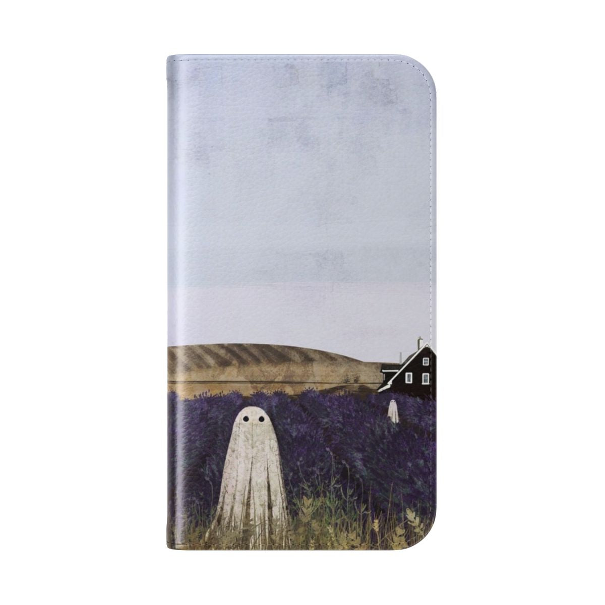 Lavender fields inspired flip cover phone case with a haunted house design - Folded Back