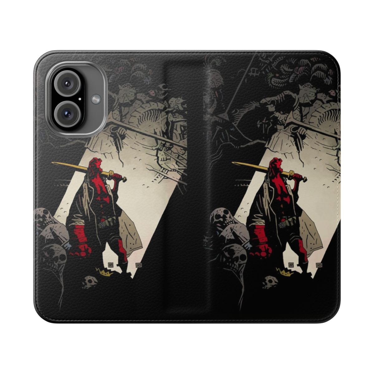 Flip cover phone case featuring Hellboy and Excalibur-inspired artwork on a dark background.