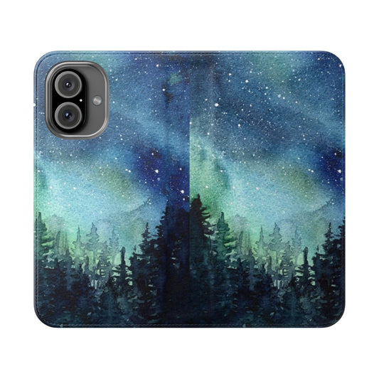 Watercolor painting of a cosmic galaxy nebula with aurora northern lights on a phone case