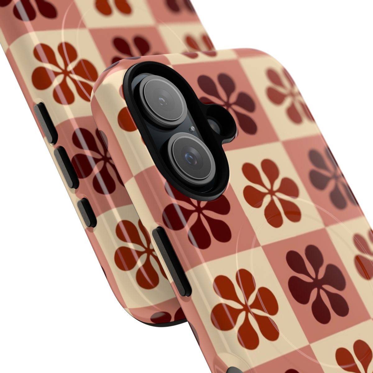 Burgundy checkerboard pattern with floral design on a protective phone case - Detail