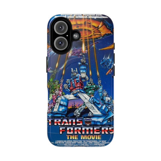 Vintage Transformers movie artwork phone case with Optimus Prime, Megatron, and other classic characters