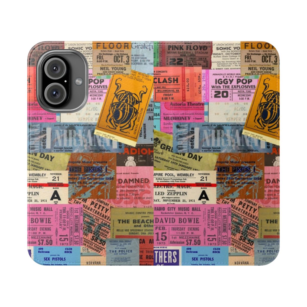 Vintage concert ticket stub phone case featuring a flip cover design.