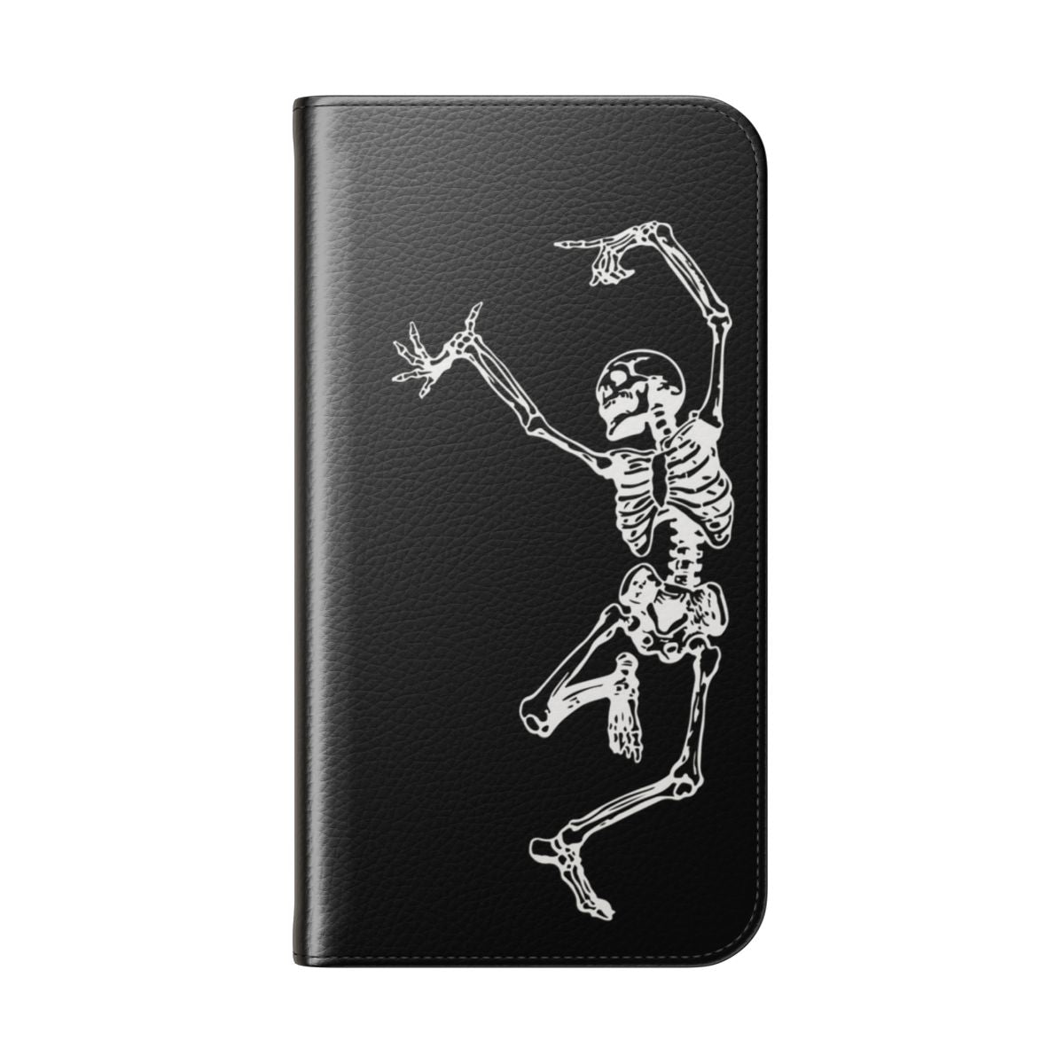 A flip cover phone case featuring a gothic design of dancing skeletons in black and white. - Folded Back