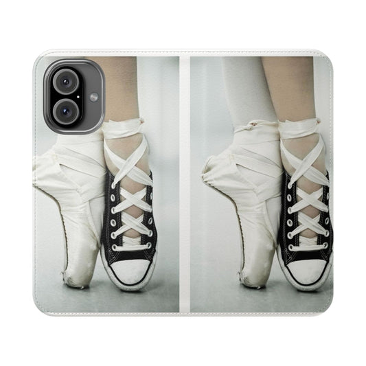 Ballet-inspired pointe shoe phone case with a pink and black design