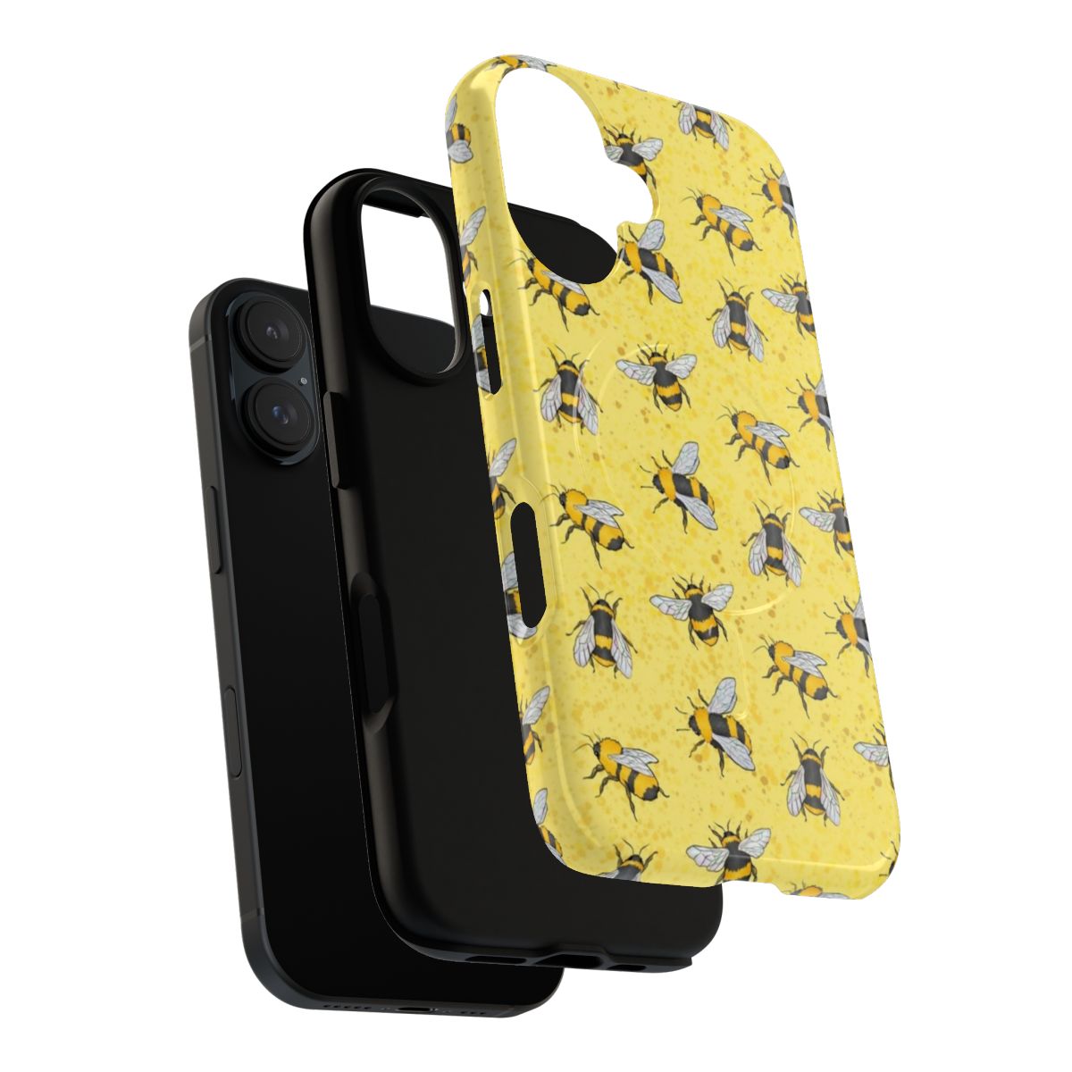 Magnetic phone case with a stylish, repeating bee pattern in shades of yellow. - Layers