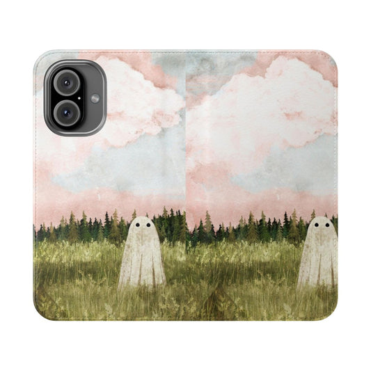 Whimsical cotton candy-colored sky with fluffy clouds and ghostly silhouettes, featured on a phone case.