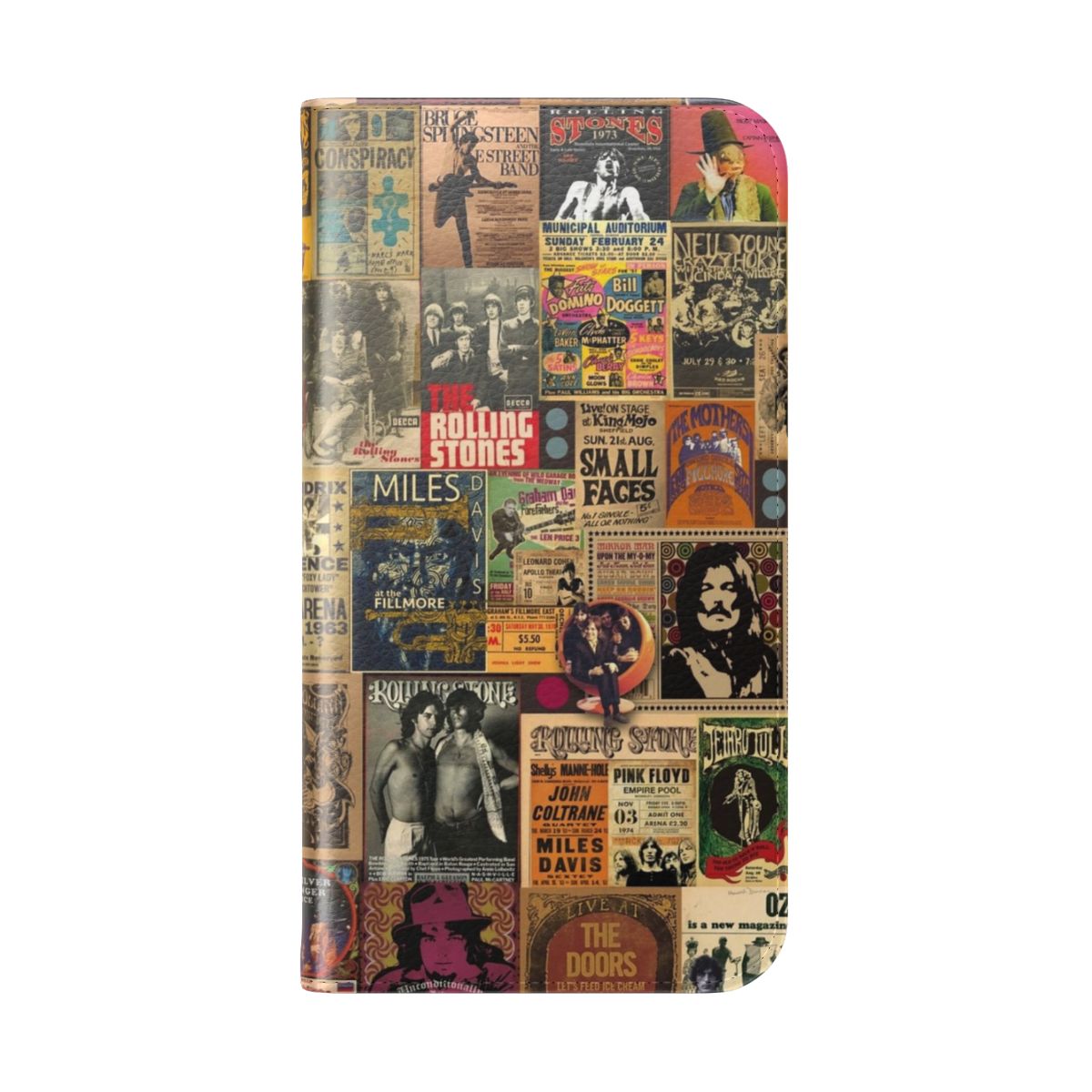 Retro music-themed flip cover phone case with psychedelic collage design - Folded Back