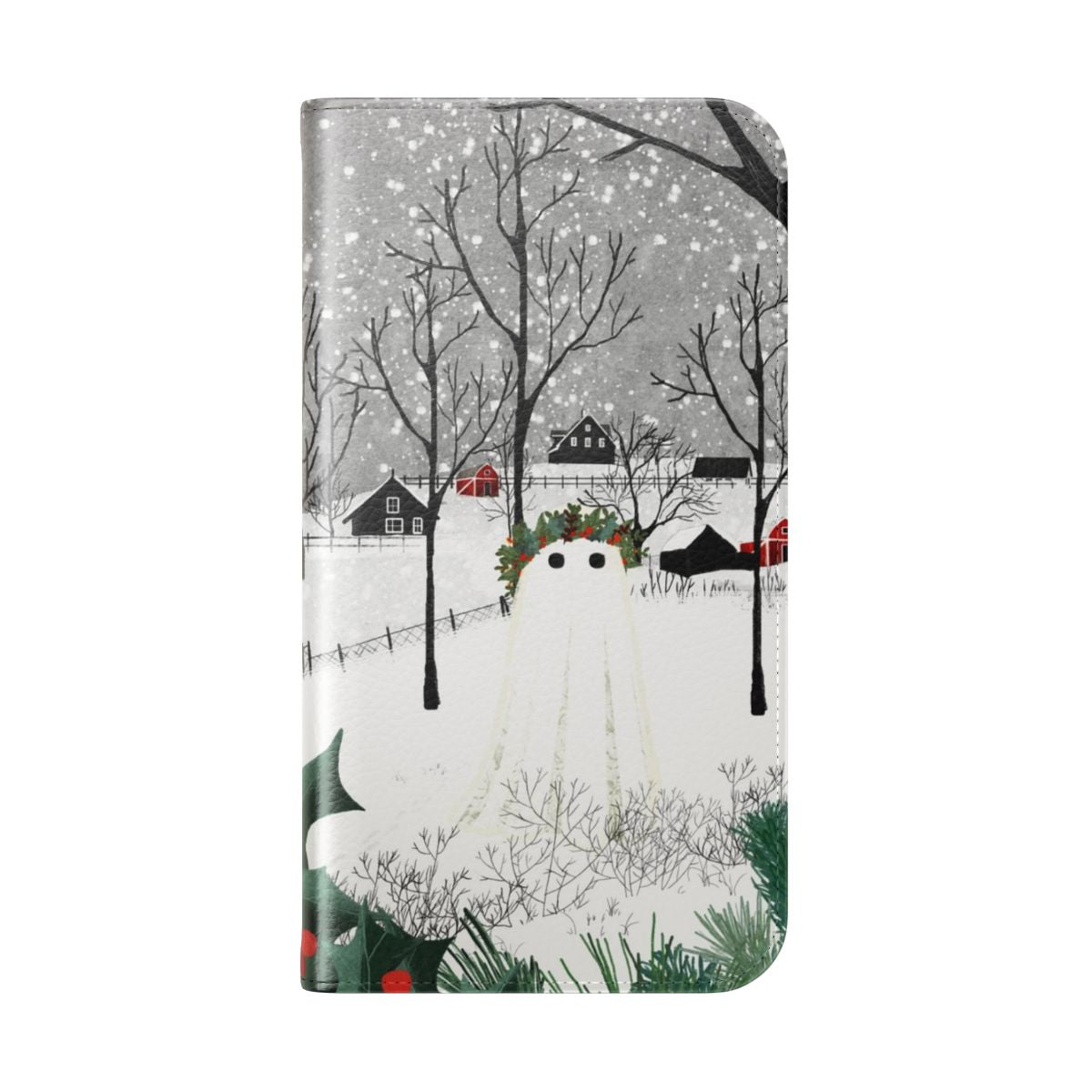 A flip cover phone case featuring a winter landscape with holly, pine, and ghostly elements. - Folded Back