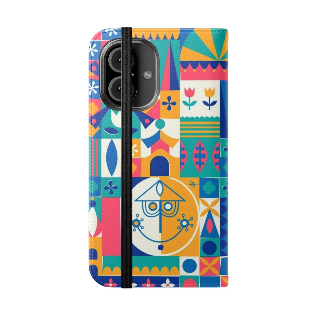 Flip cover phone case with a design inspired by the classic Small World attraction at Disney World - Folded Front