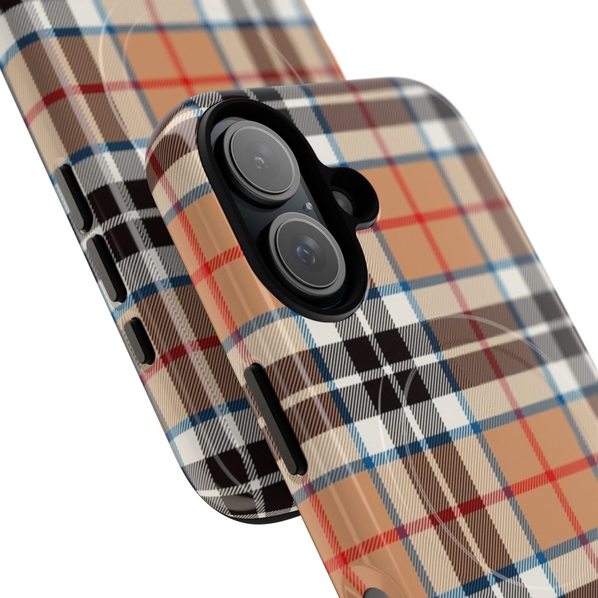 Tartan patterned phone case with magnetic closure and durable construction - Detail