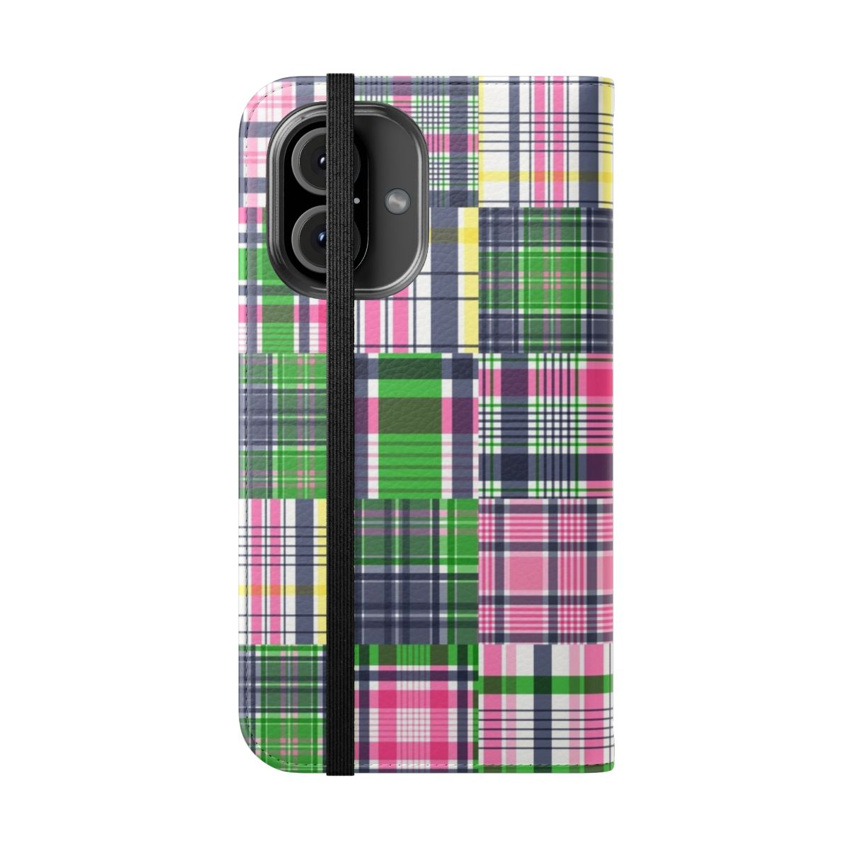 A pink, navy blue, and lime green patchwork madras print phone case. - Folded Front