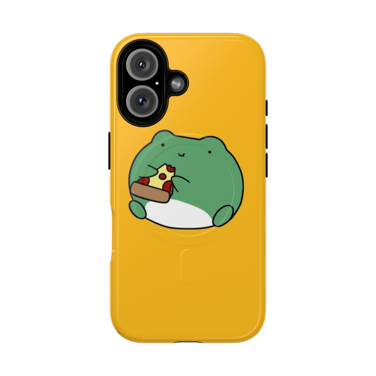 Illustration of a cute, chubby frog eating a slice of pepperoni pizza on a protective phone case