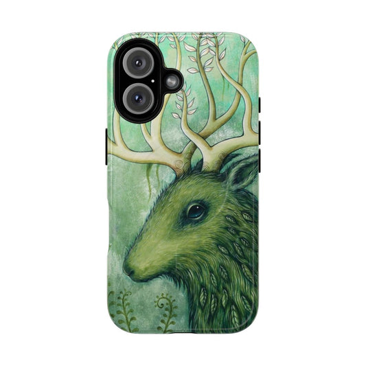 Rustic phone case with illustration of a mythical stag in a natural forest setting