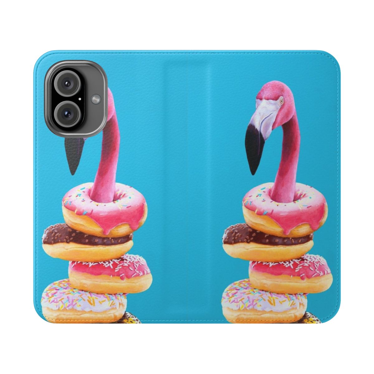 A vibrant and whimsical flip cover phone case featuring a flamingo with a doughnut