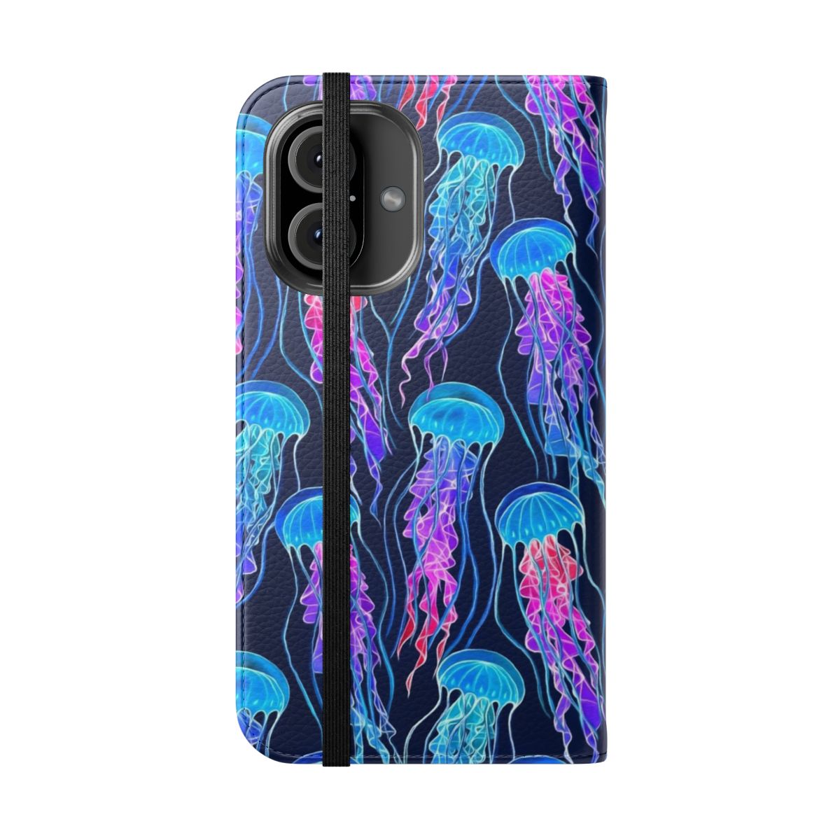 Luminous jellyfish pattern on a navy blue flip phone case - Folded Front