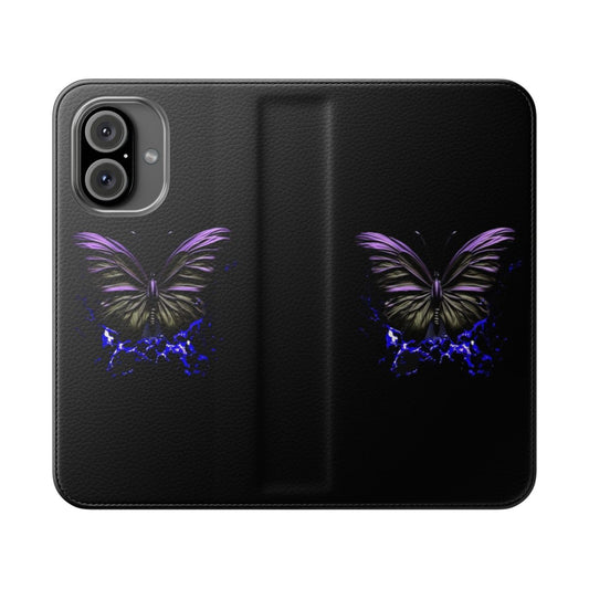 Flip phone case with a vibrant blue and purple butterfly design