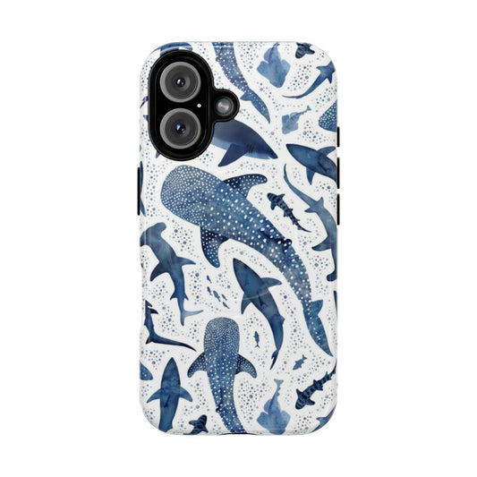 Magnetic phone case featuring a vibrant watercolor shark design against a white background