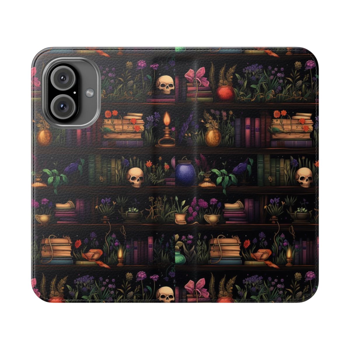 A dark and whimsical phone case featuring a bookshelf design with a witchy vibe.