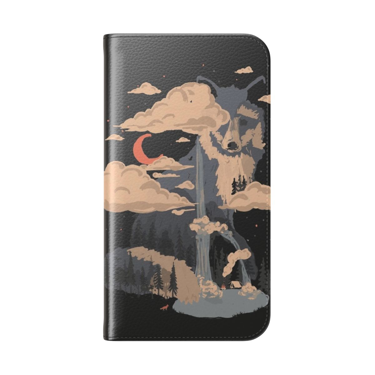 A flip cover phone case showcasing a breathtaking landscape of Fox Mountain with a waterfall, pond, and wildlife. - Folded Back