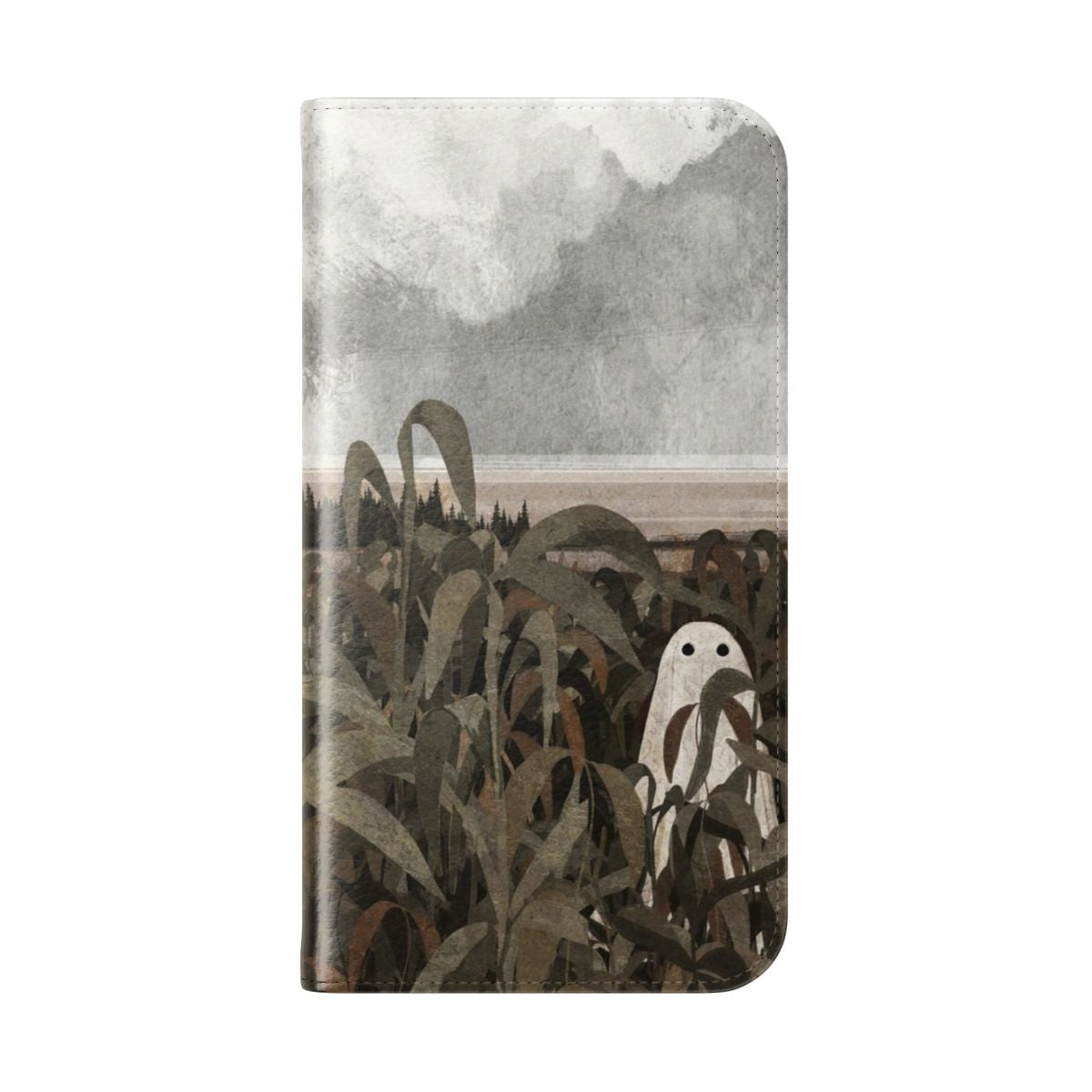 Flip cover phone case with a vintage-inspired spooky cornfield landscape design - Folded Back