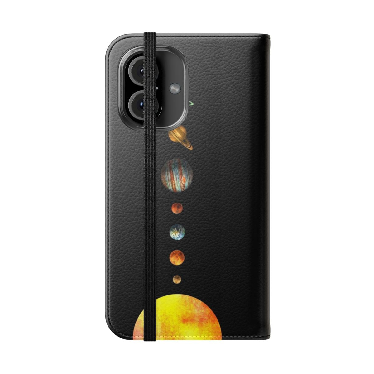 Colorful digital illustration of the solar system planets on a protective phone case - Folded Front