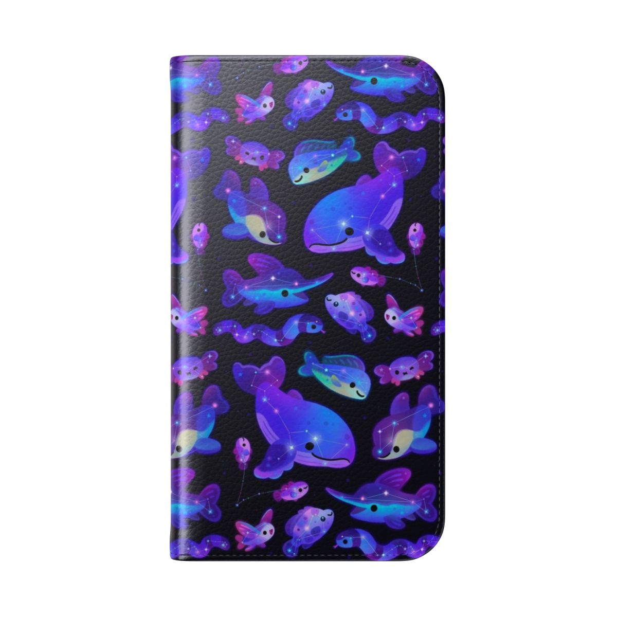 Flip cover phone case featuring a design with ocean constellations, marine life, and a starry night sky. - Folded Back