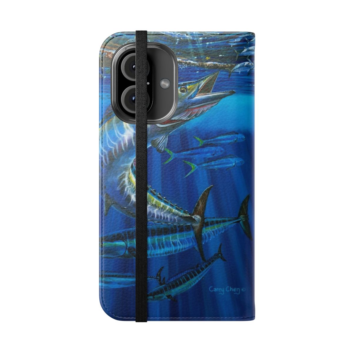 Wahoo-Inspired Flip Cover Phone Case featuring Vibrant Marine Artwork - Folded Front