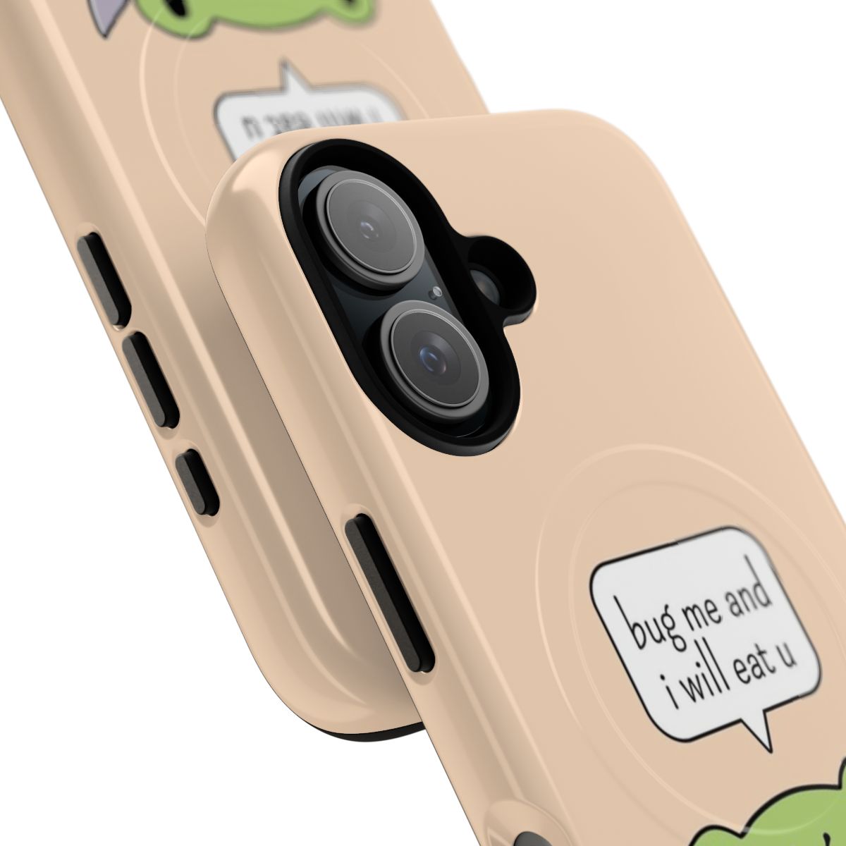 Whimsical illustration of a frog holding a knife on a protective smartphone case. - Detail