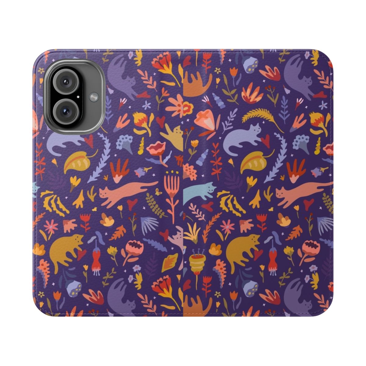 Vibrant flip cover phone case featuring a cartoon cat in a whimsical, floral magic garden landscape.