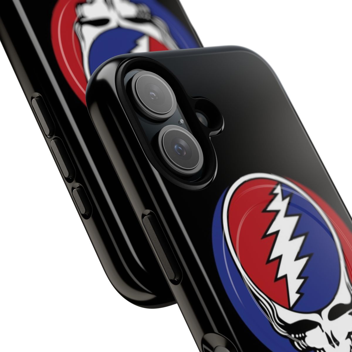 Colorful phone case with a skull and skeleton design inspired by the Grateful Dead band. - Detail