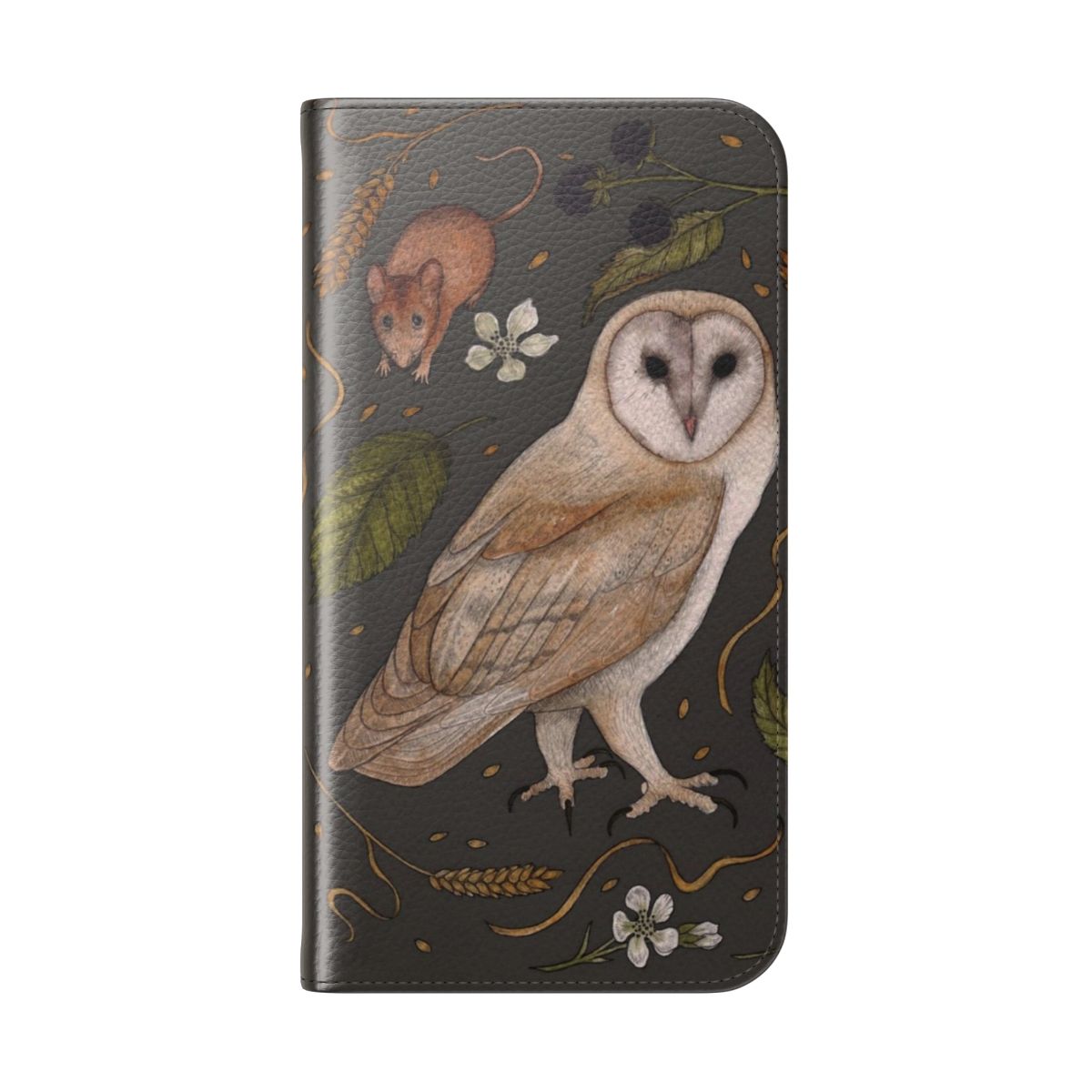 A artistic phone case featuring a watercolor illustration of a barn owl perched on a branch with blackberries. - Folded Back