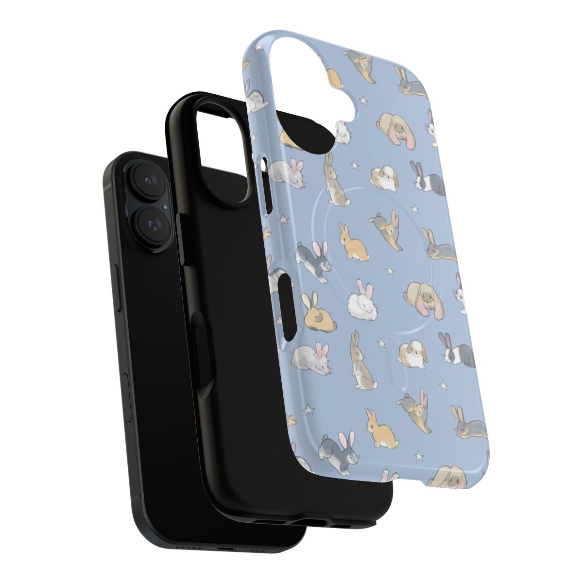 A colorful phone case featuring an illustration of various bunny and rabbit breeds. - Layers