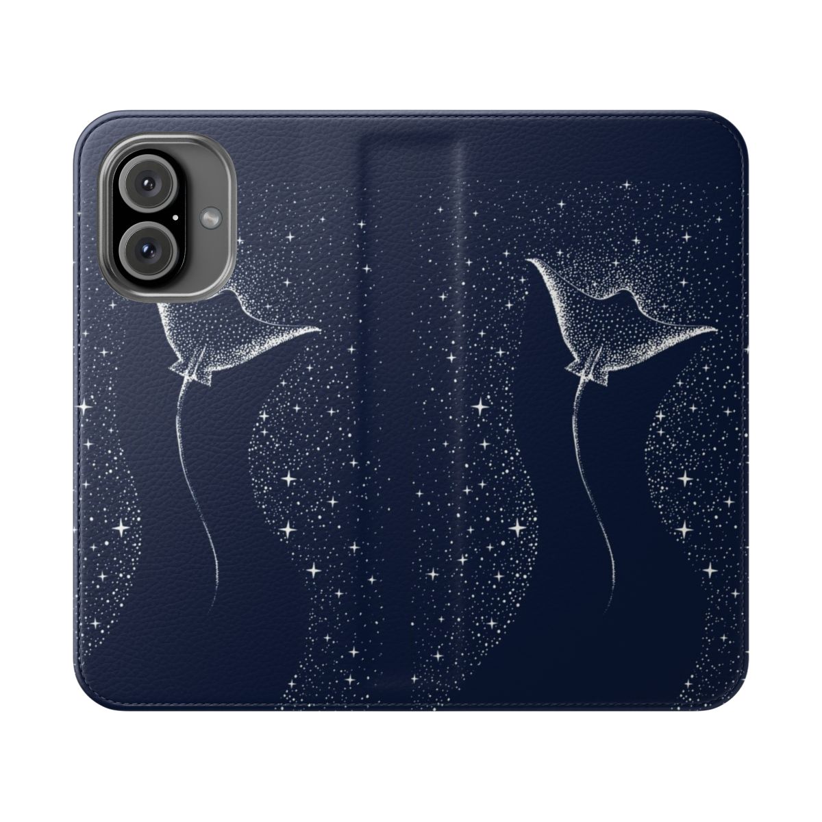 Cosmic surreal phone case with illustration of spotted eagle ray, shark, and space elements