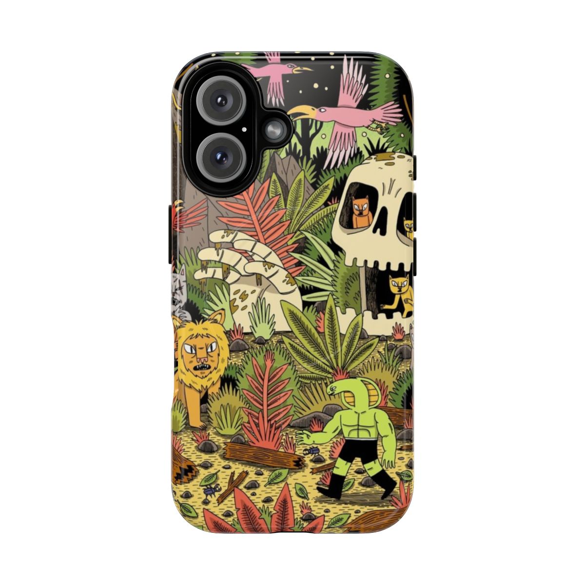 Jungle-themed phone case with animals, plants, and adventure motifs