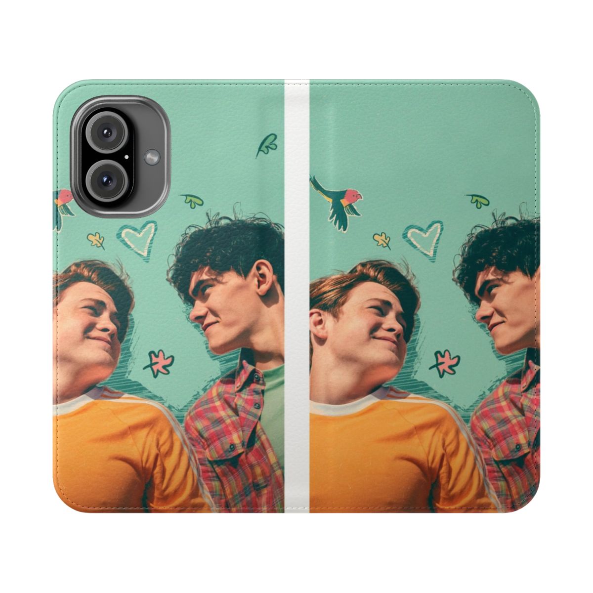 Heartstopper-inspired flip cover phone case featuring Nick and Charlie characters