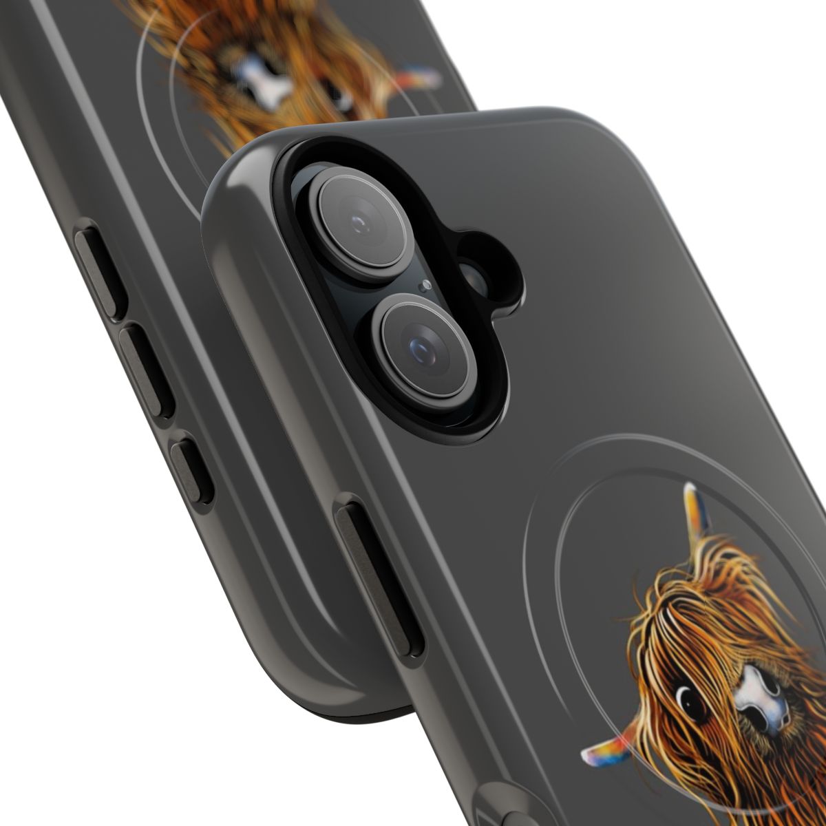 A grey phone case with an artistic illustration of a Scottish Highland Cow, titled 'Cooowee'. - Detail