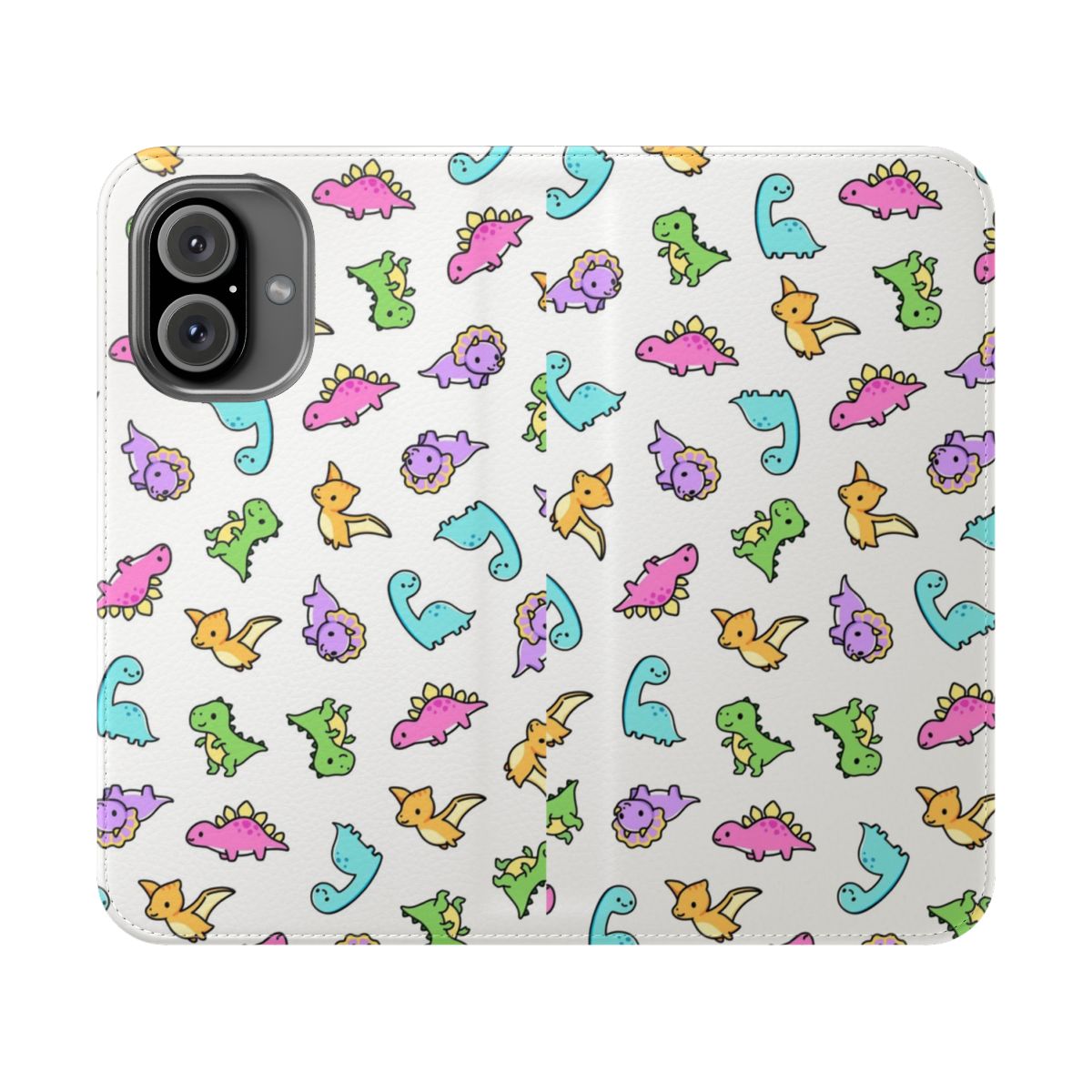 Cute dinosaur-themed flip phone case with brontosaurus, brachiosaurus, pterodactyl, T-Rex, triceratops, and stegosaurus designs.