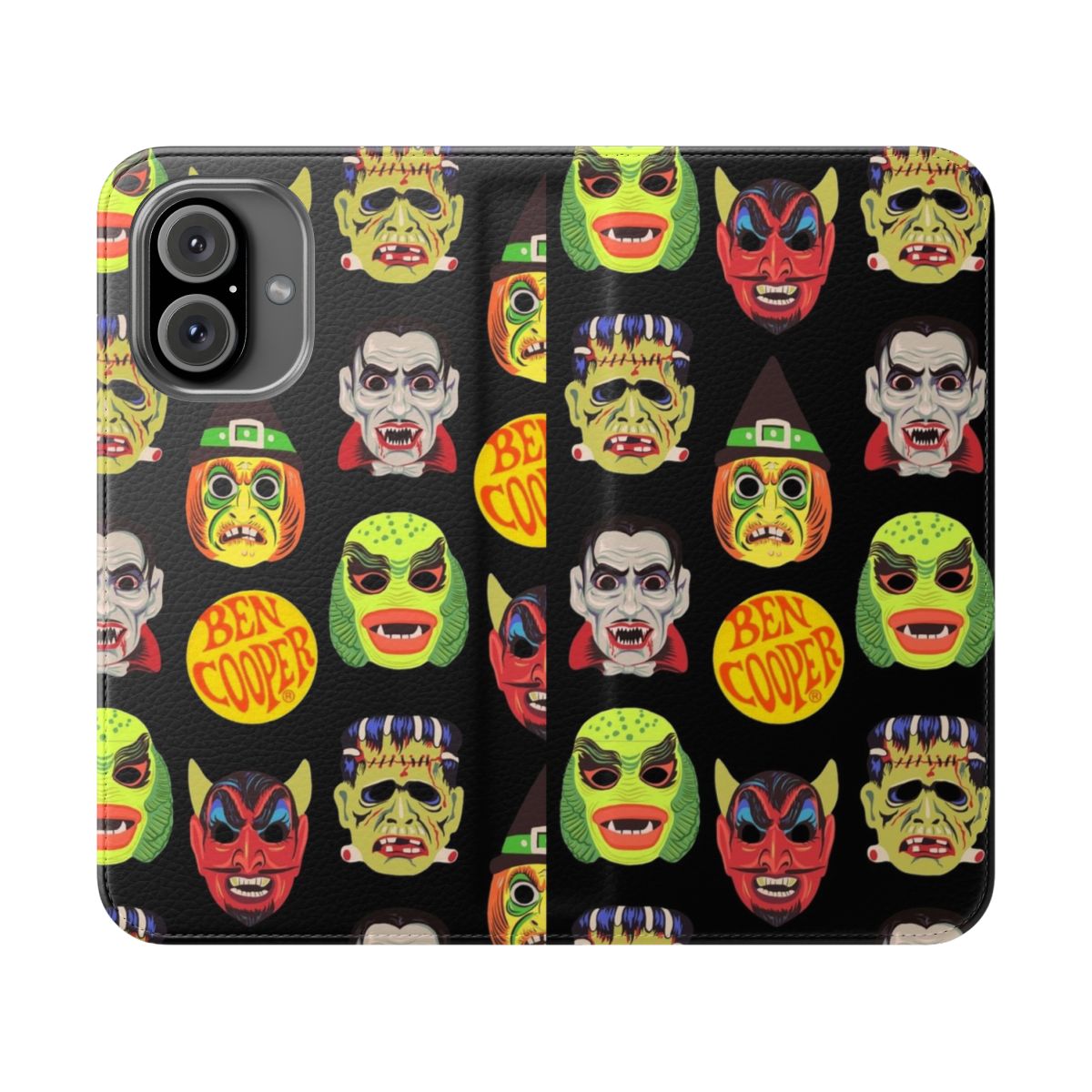 Vintage-style Halloween masks phone case featuring classic monster designs