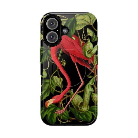 Flamingo-patterned tough phone case with tropical leaves and plants