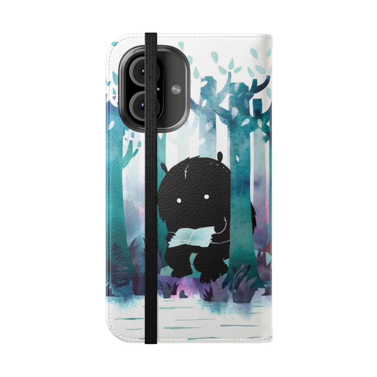 Flip cover phone case with a whimsical, nature-inspired watercolor design featuring monsters, books, and forest elements. - Folded Front