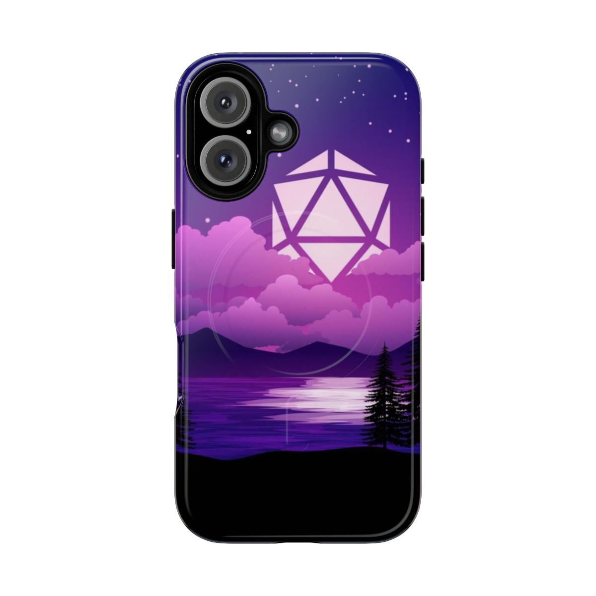 Collectible phone case featuring a fantasy landscape and dice design for tabletop RPG enthusiasts.