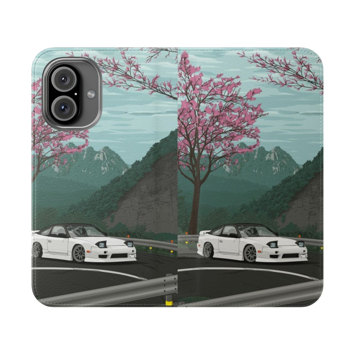 Flip cover phone case featuring a Nissan S13 180sx drift design