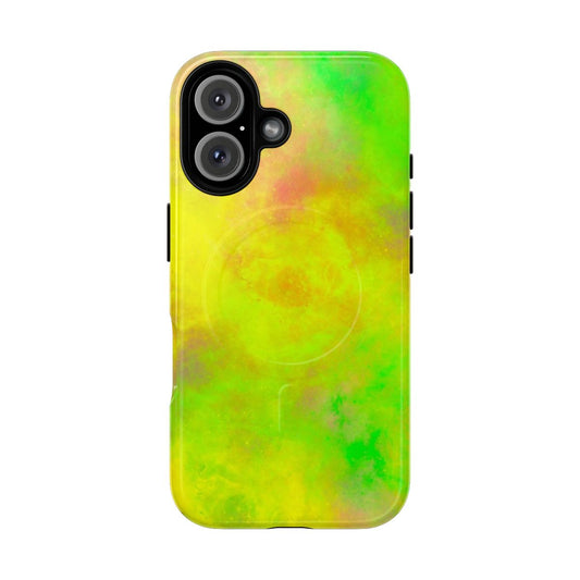 Galaxy-themed yellow and green protective phone case with magnetic closure