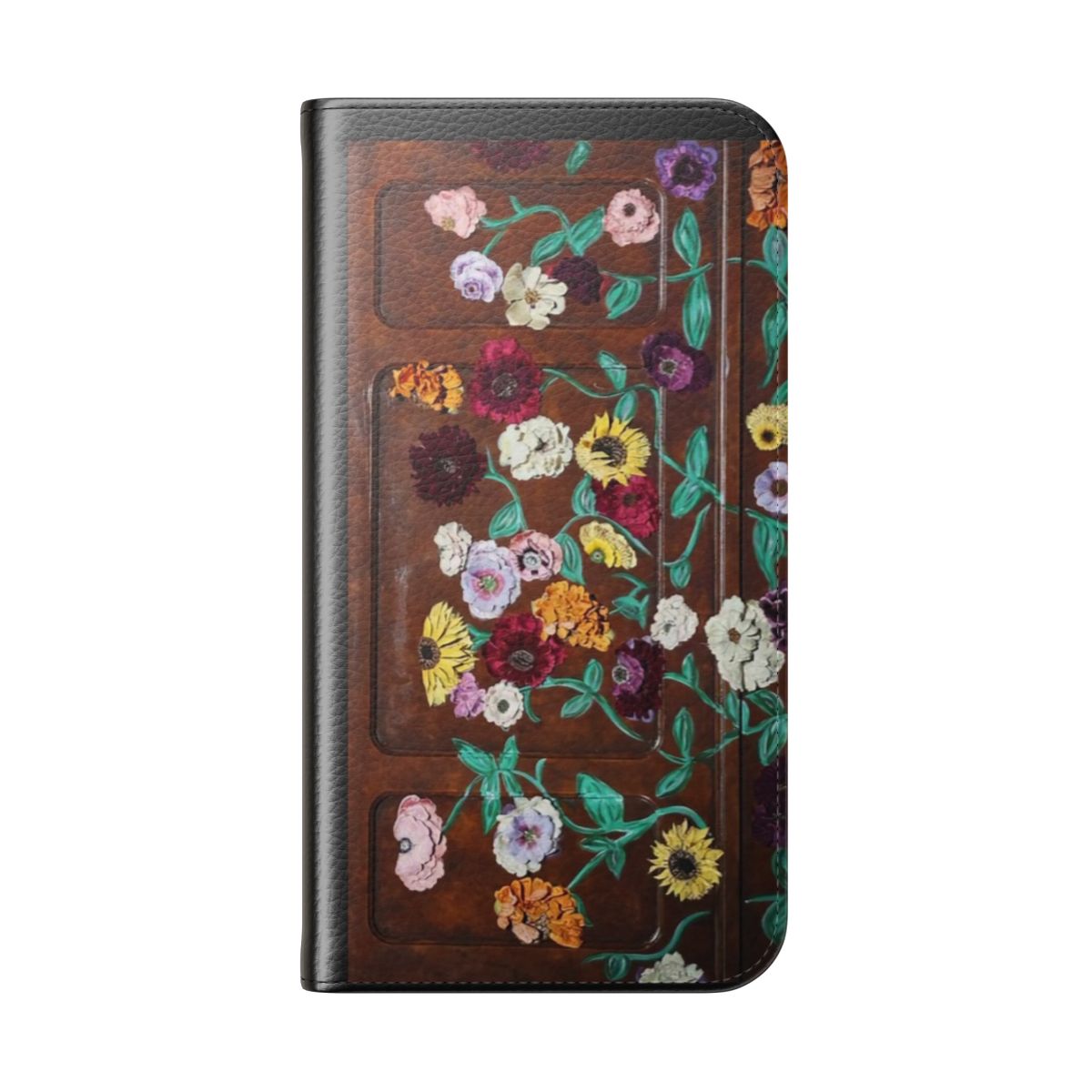 A Taylor Swift-inspired flip phone case with a piano and floral design, perfect for fans of her Eras Tour. - Folded Back